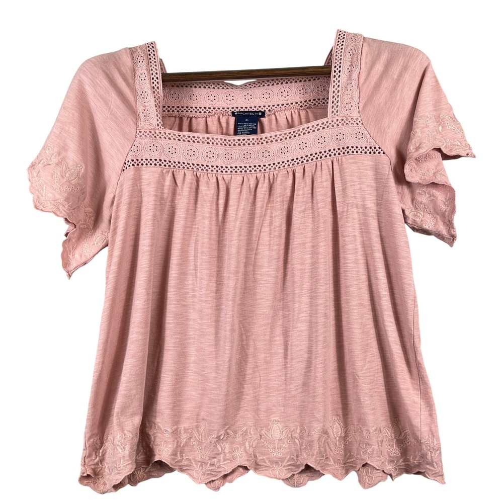 Architect Blouse Women PL Pink Excellent Lace Floral Embroidered Short Sleeve